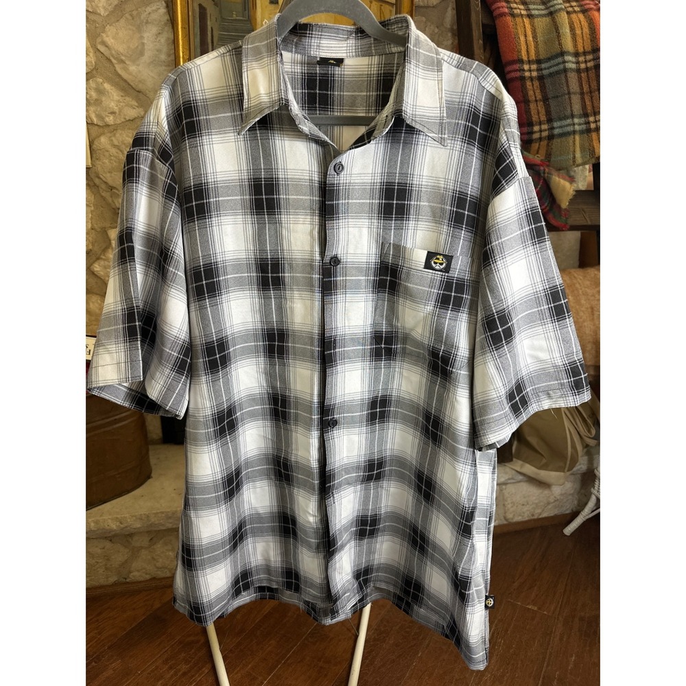 Lowrider Mens X Large Plaid‎ Button Up Short Sleeve Shirt Black White Gr